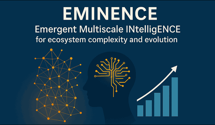Napis: EMINENCE – Emergent Multiscale Intelligence for Ecosystem Complexity and Evolution na ciemnym tle, schemat ludzkiej głowy, wykres