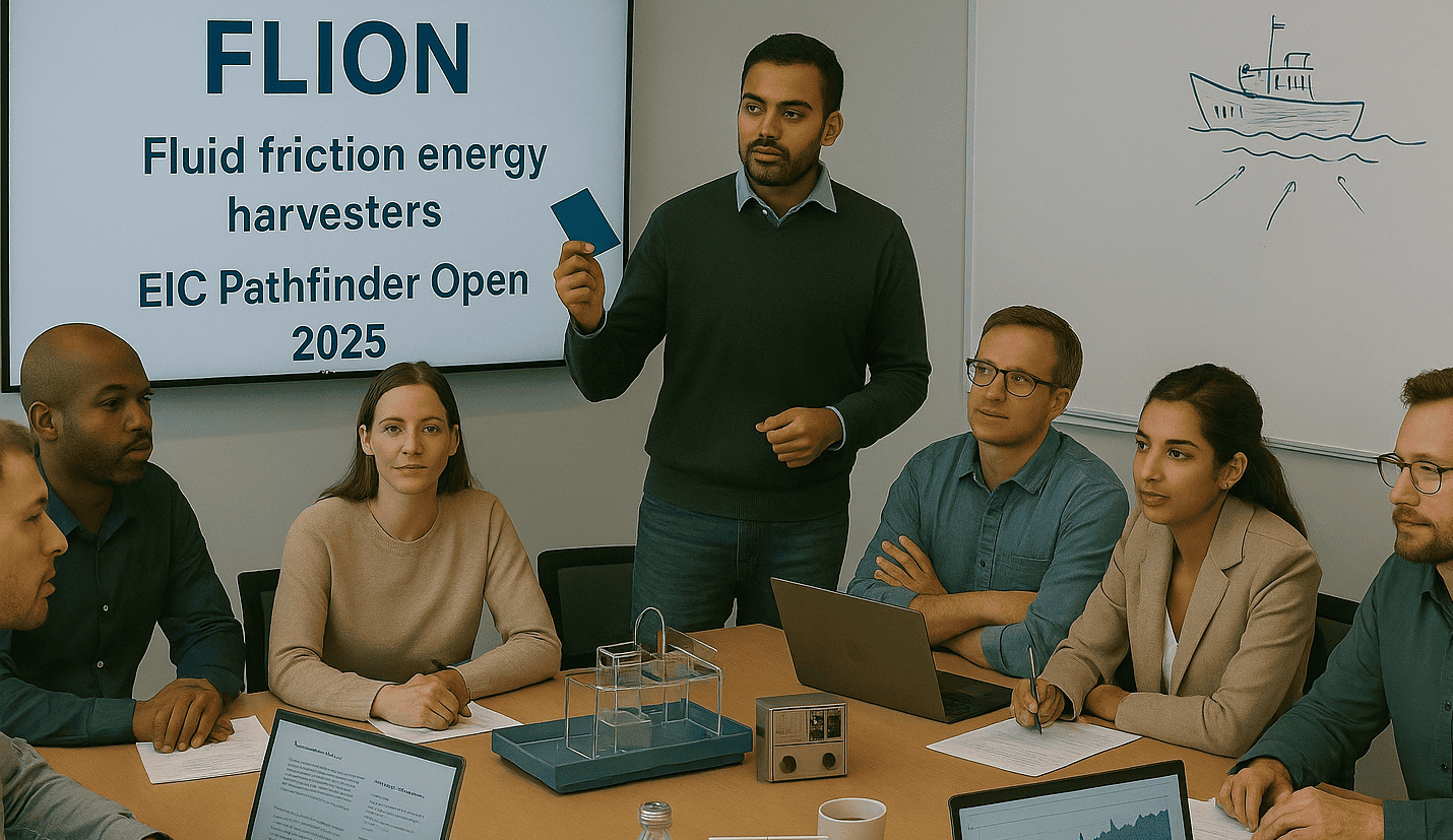 Grupa ludzi na zebraniu; na tablicy napis FLION Fluid friction energy harvesters, EIC Pathfinder Open 2025