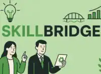 Infografika w tonacji zielonej z napisem SKILLBRIDGE. Kobieta i mężczyzna, żarówka, most, rosnący diagram, zielone listki na gałązce. Wizualizacja kompetencji, foresightu i innowacji.