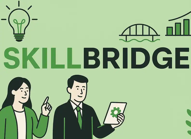 Infografika w tonacji zielonej z napisem SKILLBRIDGE. Kobieta i mężczyzna, żarówka, most, rosnący diagram, zielone listki na gałązce. Wizualizacja kompetencji, foresightu i innowacji.