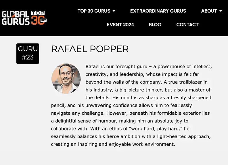 Dr. Rafael Popper on the World's Top 30 Futurist Professionals for 2025 list by Global Gurus