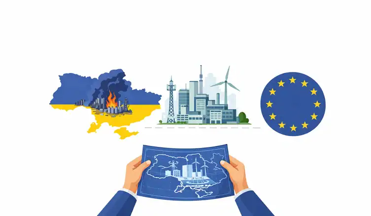 Grafika przedstawiająca schemat współpracy między Ukrainą, infrastrukturą technologiczną i Unią Europejską. Po lewej mapa Ukrainy z symbolem zniszczeń, pośrodku nowoczesna infrastruktura, po prawej flaga UE