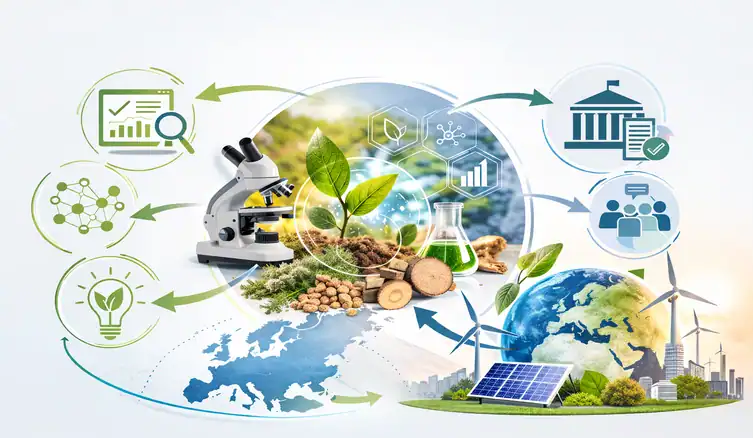 Grafika projektu CASI-BIO: w centrum roślina, mikroskop i biomasa, wokół ikony analizy danych, współpracy i polityk publicznych, a obok glob z turbinami wiatrowymi i panelami słonecznymi