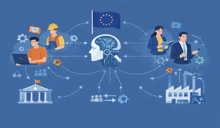 Grafika przedstawiająca schemat współpracy między Ukrainą, infrastrukturą technologiczną i Unią Europejską. Po lewej mapa Ukrainy z symbolem zniszczeń, pośrodku nowoczesna infrastruktura, po prawej flaga UE