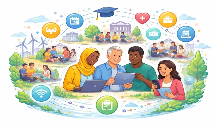 Ilustracja przedstawia zróżnicowaną grupę osób korzystających z laptopów, tabletu i smartfona w przyjaznym, zielonym otoczeniu. Wokół nich widoczne są mniejsze sceny współpracy i nauki oraz kolorowe ikony symbolizujące edukację, zdrowie, kompetencje cyfrowe, łączność, usługi publiczne i rynek pracy.