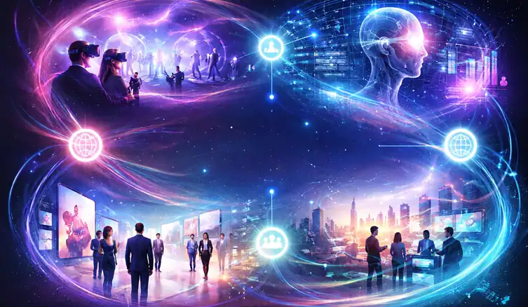 Futurystyczna ilustracja przedstawiająca połączone cyfrowo środowiska wirtualne, sztuczną inteligencję i współpracę ludzi. Widać osoby korzystające z technologii immersyjnych, spotkania biznesowe, miejskie krajobrazy oraz sylwetkę humanoidalnej AI, połączone świetlnymi liniami i ikonami symbolizującymi sieci, komunikację i współpracę globalną.