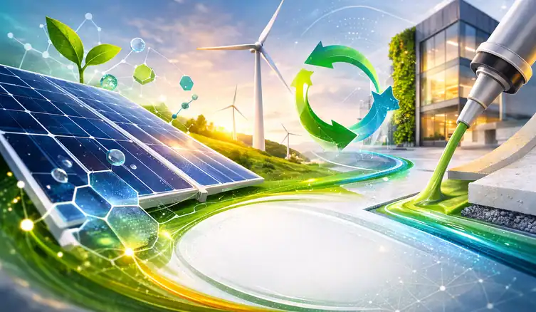 Infografika pokazująca trwałe i nadające się do recyklingu powłoki oraz uszczelniacze dla fotowoltaiki, energetyki wiatrowej i budownictwa, z naciskiem na trwałość, recykling i mniejszy wpływ na środowisko.