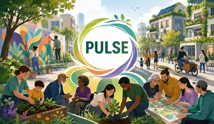 Infografika projektu PULSE przedstawia mieszkańców w różnym wieku wspólnie zazieleniających miejską przestrzeń, sadzących rośliny, planujących zmiany dzielnicy i tworzących kolorowy mural. Sceny symbolizują współpracę międzypokoleniową, włączanie różnych grup, dialog, kulturę i sztukę jako narzędzia zielonej transformacji oraz wzmacnianie zaufania, więzi społecznych i poczucia sprawczości. W centrum znajduje się akronim PULSE otoczony wielobarwnym motywem roślinnym.