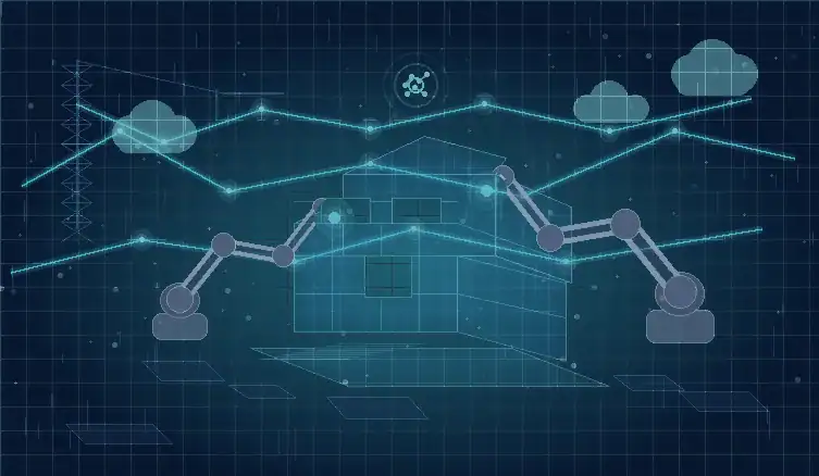 Infografika pokazująca zautomatyzowane środowisko budowy, w którym roboty współdziałają wokół cyfrowego modelu obiektu, symbolizując bezpieczniejszą i bardziej efektywną współpracę ludzi, robotów i cobotów.