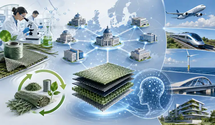 Infografika przedstawiająca opracowanie zrównoważonych materiałów kompozytowych pochodzenia biologicznego oraz ich zastosowania w transporcie, budownictwie i energetyce. Widać laboratorium, włókna roślinne i materiałowe warstwy kompozytu, sieć współpracujących ośrodków w Europie, schemat recyklingu oraz przykłady zastosowań, takie jak samolot, pociąg, morska energetyka wiatrowa, most i nowoczesny budynek.