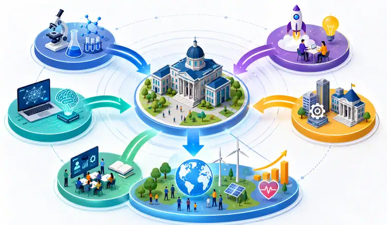 Infografika przedstawia uczelnię jako centrum współpracy łączące badania naukowe, narzędzia cyfrowe, rozwój kompetencji, przedsiębiorczość akademicką i współpracę z otoczeniem społeczno-gospodarczym. Wokół budynku uczelni pokazano laboratorium, rozwiązania oparte na sztucznej inteligencji, szkolenia, rozwój innowacyjnych pomysłów, współpracę z instytucjami i przemysłem oraz wdrażanie rozwiązań służących społeczeństwu, gospodarce i środowisku. Strzałki symbolizują przepływ wiedzy oraz szybsze przekształcanie wyników badań w praktyczne zastosowania.